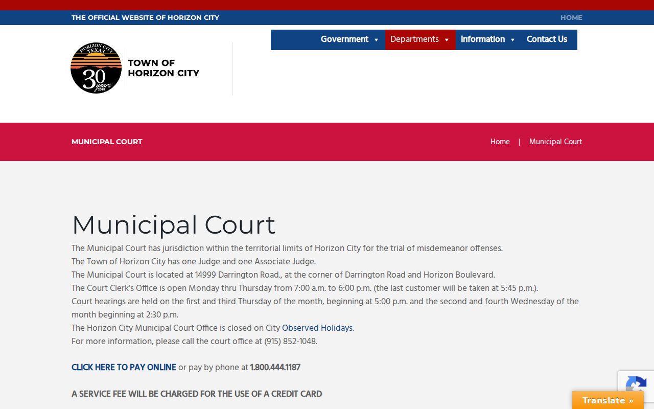 Horizon City warrant records, Municipal Court hours and clerk contact