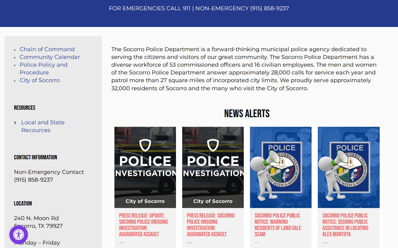 Socorro warrant records context, Socorro Police Department public contact page