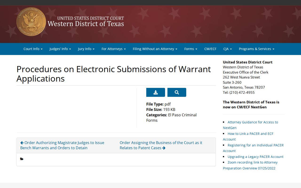 El Paso County arrest warrant context, Western District electronic warrant-application procedure