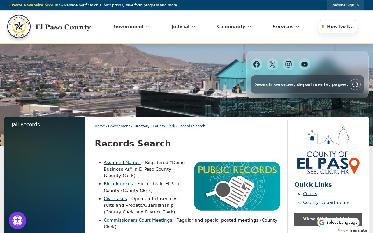El Paso County warrant search reference, county Records Search page with separate warrant and case links