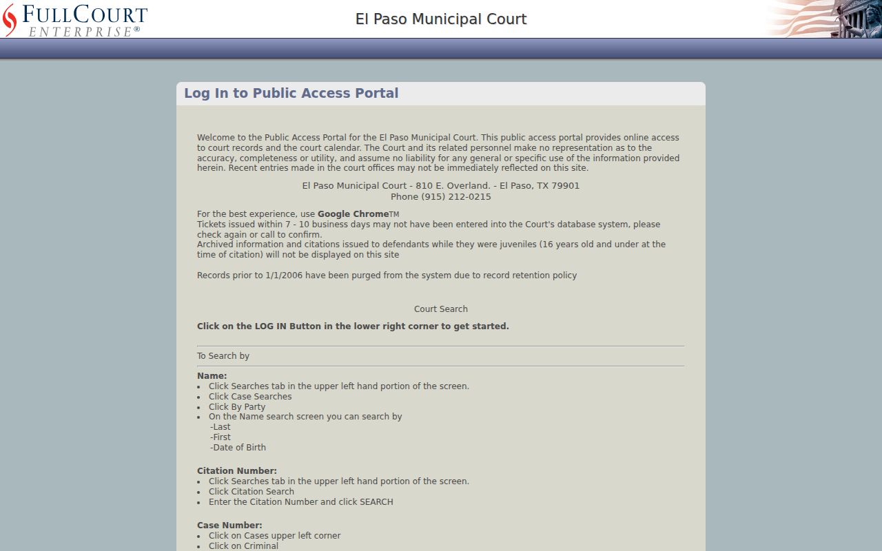 El Paso County warrant records reference, El Paso Municipal Court FullCourt search instructions